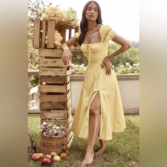 House of CB Tallulah Yellow Floral Puff Sleeve Midi Dress NWOT - Picture 1 of 6